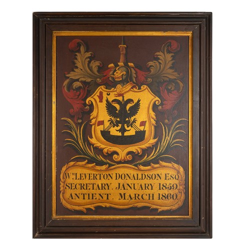 187 - Painted coat of arms for Barnards Inn, oil on board, late 19th Century. Given to the family of Willi... 