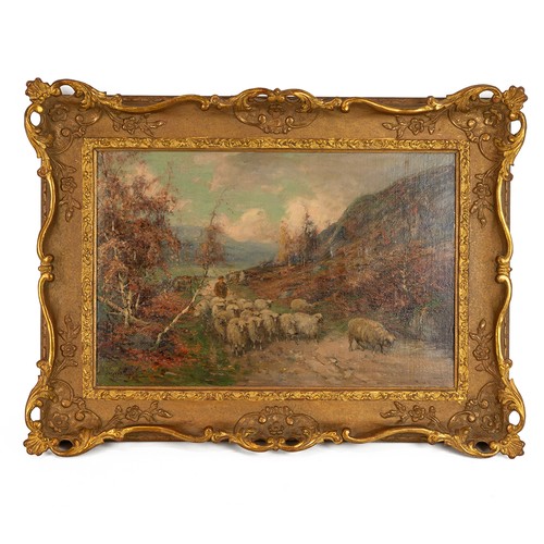 189 - TOMSON LAING (Active 1890-1904), Scottish Country Scene Sheep with Farmer, signed lower left, oil on... 