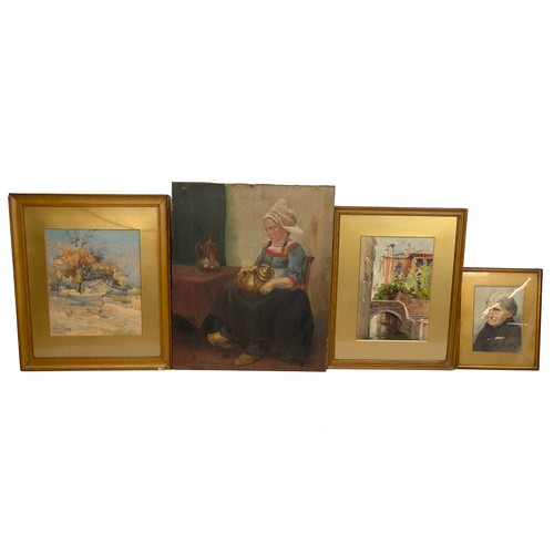 192 - Four 19th Century watercolours and an unframed oil on canvas depicting a Dutch girl cleaning copper.... 