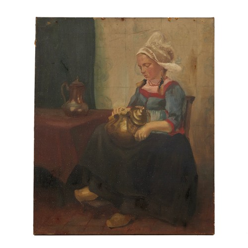 192 - Four 19th Century watercolours and an unframed oil on canvas depicting a Dutch girl cleaning copper.... 