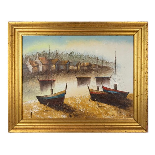 196 - Edmond (20th Century), framed oil on canvas depicting seaside boat scene. Gilt frame, signed to bott... 