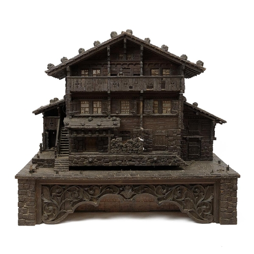 200 - Finely detailed Black Forest hand crafted Swiss chalet music box, 3 tunes, complete with winder. Det... 