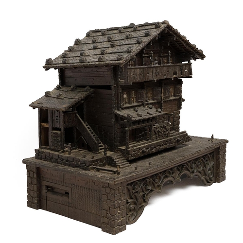 200 - Finely detailed Black Forest hand crafted Swiss chalet music box, 3 tunes, complete with winder. Det... 