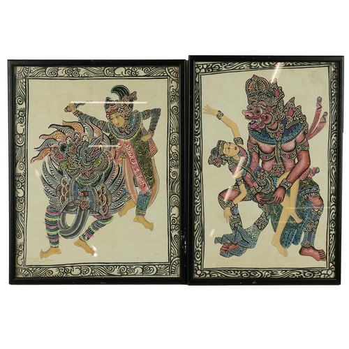 202 - Ida Bagus (1915-1999), Asian folk art paintings - mythical bests, mixed media gouache on linen. Each... 