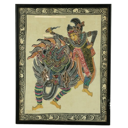 202 - Ida Bagus (1915-1999), Asian folk art paintings - mythical bests, mixed media gouache on linen. Each... 