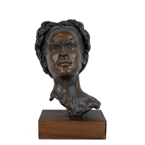 203 - Anna O Corcoran, contemporary bronzed resin bust of Frida Kahlo titled 'Frida'. Label to the undersi... 