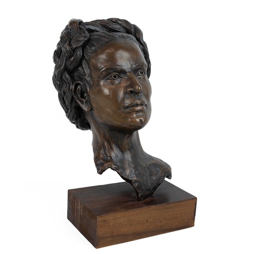 203 - Anna O Corcoran, contemporary bronzed resin bust of Frida Kahlo titled 'Frida'. Label to the undersi... 