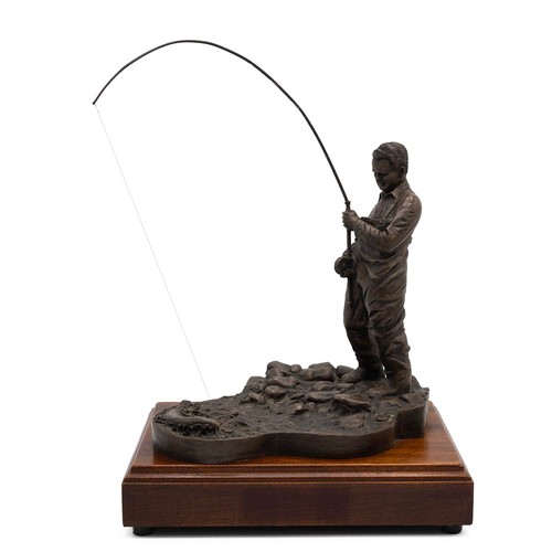 204 - David Hughes bronzed resin fishing statues, standing figure one of a limited edition of 250. Both on... 