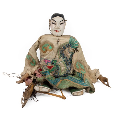 207 - Large vintage Chinese puppet, early 20th Century. Wooden head, hands and feet over a wicker body, we... 