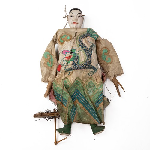 207 - Large vintage Chinese puppet, early 20th Century. Wooden head, hands and feet over a wicker body, we... 