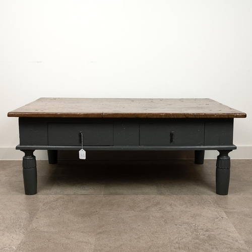 215 - Rectangular teak coffee table with polished antique top on painted base with two drawers, drop iron ... 