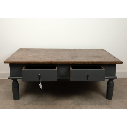 215 - Rectangular teak coffee table with polished antique top on painted base with two drawers, drop iron ... 