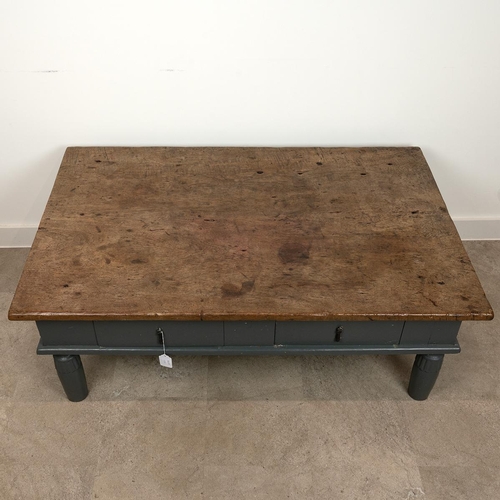 215 - Rectangular teak coffee table with polished antique top on painted base with two drawers, drop iron ... 