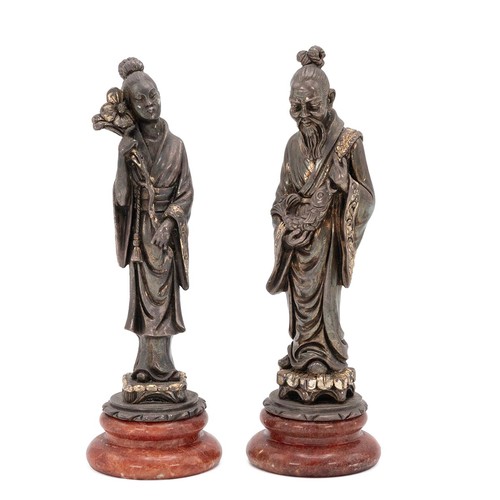 217 - Pair of Oriental metal figures with gilt highlights, indistinct signature to reverse, H 15cm, D 5cm;... 