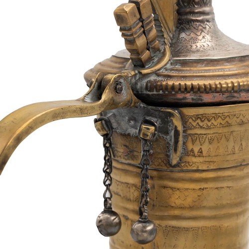 222 - Omani Nizwa Dallah coffee pot, 19th Century. Traditional form but rare in tri-metal (copper, brass a... 