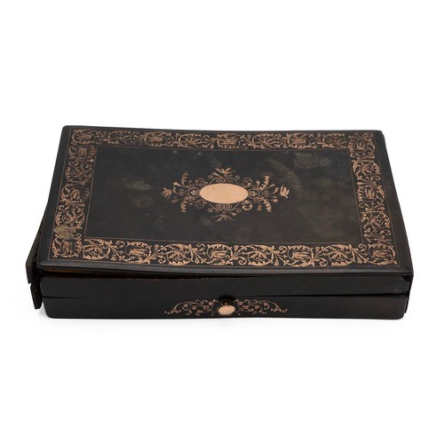 237 - 19th Century hardwood, possibly ebony, correspondence box intricately inlaid with gold scrollwork, c... 