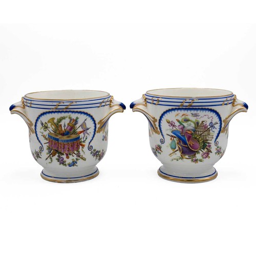 245 - Sevres style porcelain bottle coolers (a pair) the white ground decorated with feathered blue and sc... 