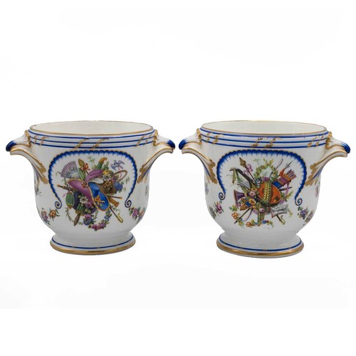 245 - Sevres style porcelain bottle coolers (a pair) the white ground decorated with feathered blue and sc... 