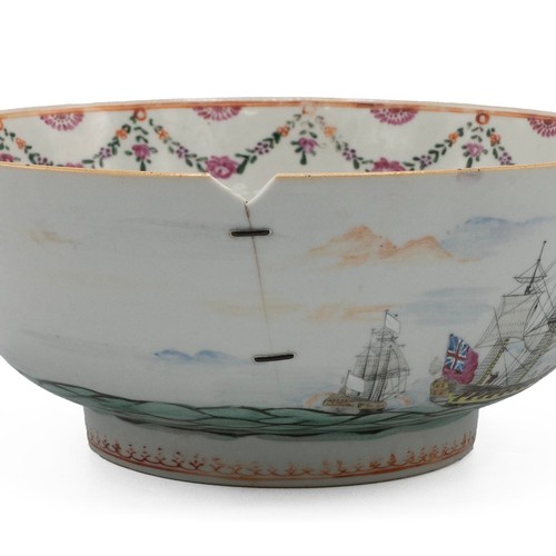 246 - Naval Interest- Late 18th or early 19th Century Qianlong Chinese famille rose punch bowl decorated w... 