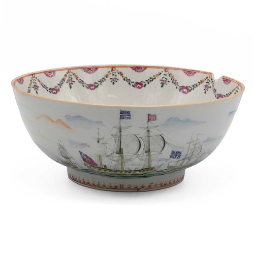 246 - Naval Interest- Late 18th or early 19th Century Qianlong Chinese famille rose punch bowl decorated w... 