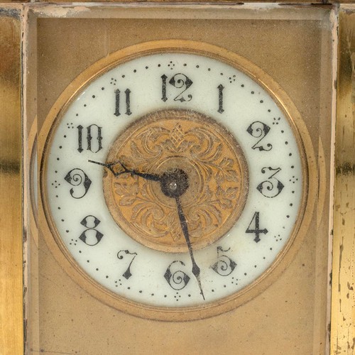 426 - 19th century brass cased carriage clock with bevelled glass panels, enamelled chapter ring with Arab... 