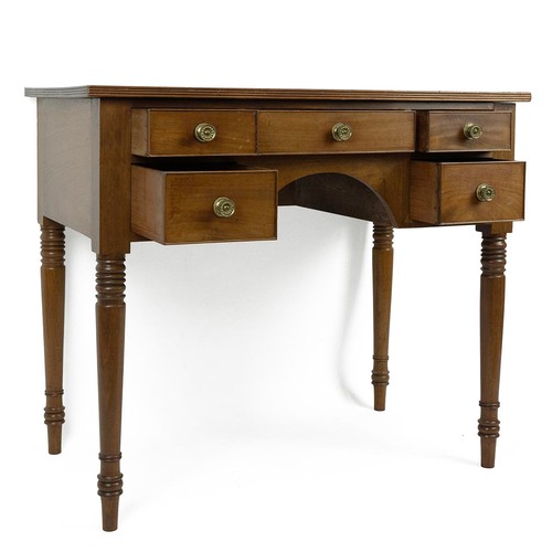 453 - Mid 19th Century mahogany low boy / desk. Five drawers with stamped brass knobs, turned ring legs. W... 