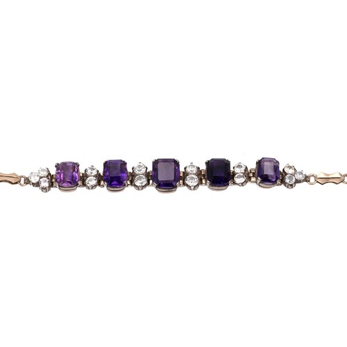 195 - An amethyst and white sapphire bracelet, in unmarked yellow metal, 18 cm long, 9.6g gross, possibly ... 