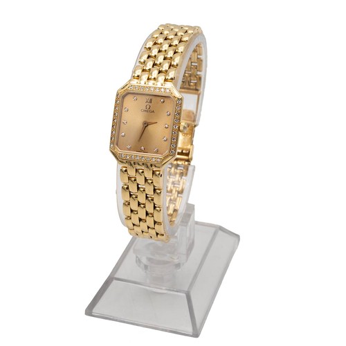 196 - Omega 18ct gold and diamond lady's wristwatch. Quartz, 30x35mm case, champagne tone dial, single cut... 