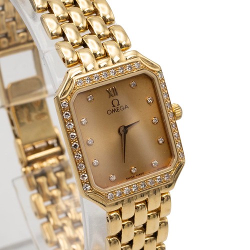 196 - Omega 18ct gold and diamond lady's wristwatch. Quartz, 30x35mm case, champagne tone dial, single cut... 