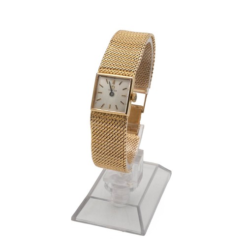 197 - Omega 9ct gold lady's wristwatch. Quartz, 28x28mm square case, silvered dial with gilt baton markers... 