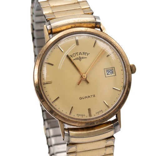 241 - Rotary 9ct gold gents quartz wristwatch. 33mm case, cream one dial, baton hour markers and hands, da... 