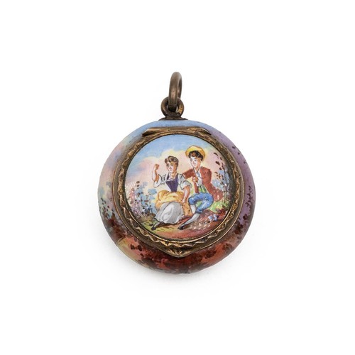 308 - 19th century silver gilt ladies pendant enamel vinaigrette of circular form decorated with a seated ... 