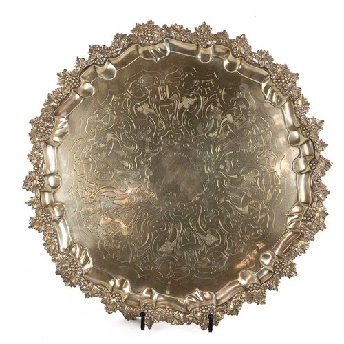 313 - Large Scottish silver tray with decorative border of grapes and vines, with geometric style decorati... 