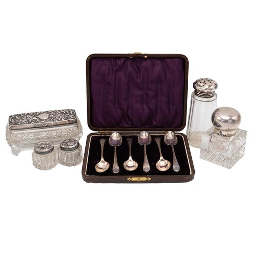 315 - Assorted silverware to include silver topped jars/pots, silver topped inkwell and a cased set of six... 