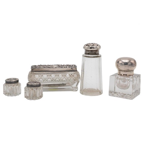 315 - Assorted silverware to include silver topped jars/pots, silver topped inkwell and a cased set of six... 