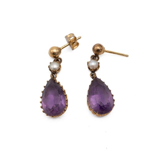 5 - Pair of 9ct gold drop earrings, set with a seed pearl and an amethyst along with a costume jewellery... 