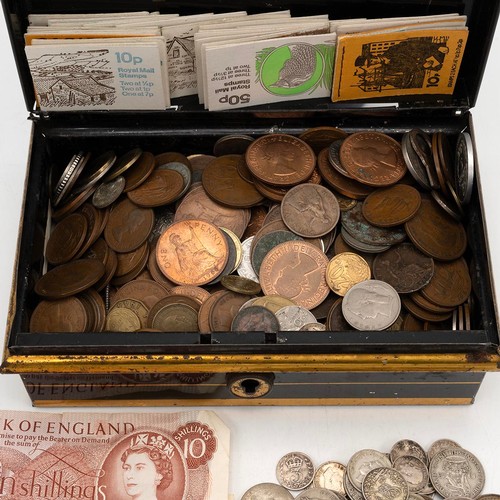 47 - Cash Box Full of Coins, approx 350g of pre-1947, Silver George III Penny,  plus Banknotes, George II... 