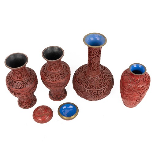 68 - Assortment of five pieces of Chinese Cinnabar, to include a pair of baluster shaped vases H19cm, a b... 