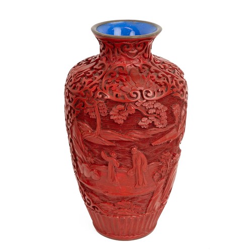 68 - Assortment of five pieces of Chinese Cinnabar, to include a pair of baluster shaped vases H19cm, a b... 