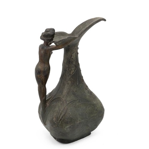 69 - Bronze Art Nouveau jug with impressed mark 'JOUANT', the body depicting fish in a pond with plants a... 