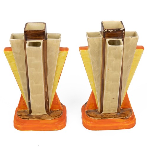 73 - Pair Art Deco Myott Son & Co pyramid vases, model 8602, c1930s. Decorated in tones of orange, br... 