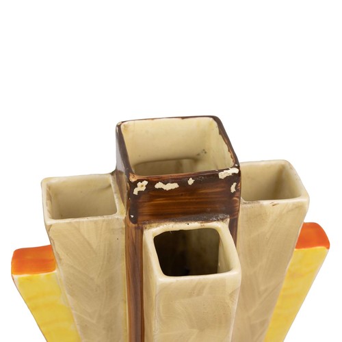 73 - Pair Art Deco Myott Son & Co pyramid vases, model 8602, c1930s. Decorated in tones of orange, br... 