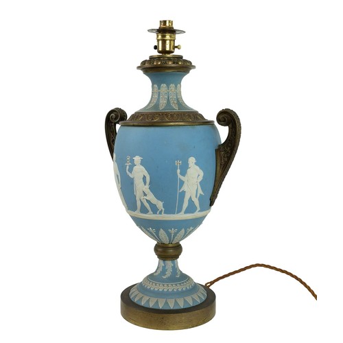 85 - Wedgwood Blue Jasperware bronze twin handled Grecian style table lamp with original opaque Glass Sha... 