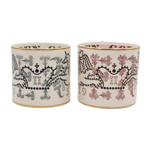 93 - Two Wedgwood royal commemorative mugs, in pink and black colourways, designed by Richard Guyatt. Hei... 