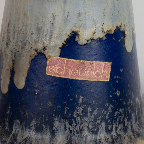 105 - Scheurich West German floor standing pottery vase of rectangular bottle form drip glazed in whites a... 