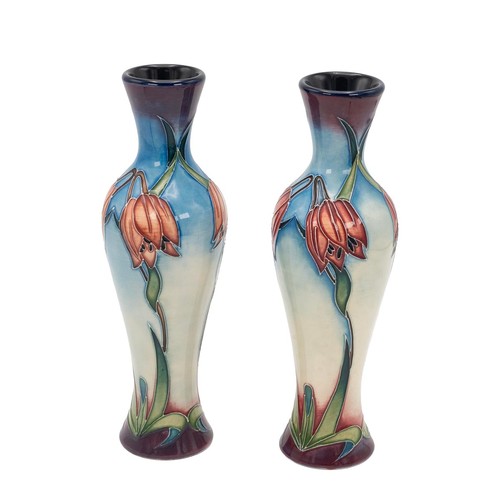 128 - Nicola Slaney for Moorcroft, painted by Vicky Lovatt, a pair of long necked vases with snakeshead fr... 