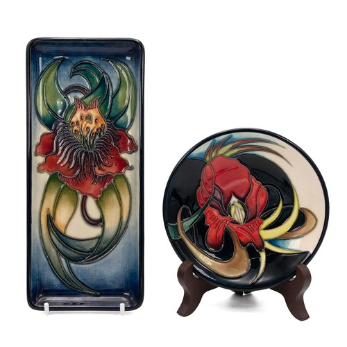 134 - Nicola Slaney for Moorcroft: a boxed 'Anna Lily' pattern rectangular pin tray (20cm x 8.5cm) with ye... 