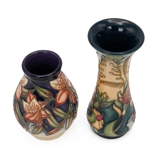 135 - Emma Bossons and Rachel Bishop for Moorcroft, two miniature vases: 'Peruvian Lily' 2005 (10cm); and ... 