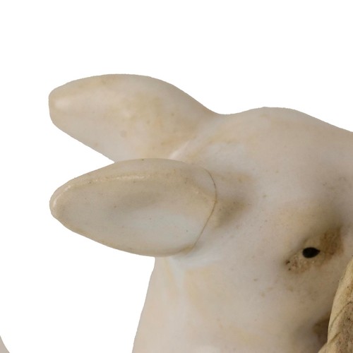 112 - Early 20th century majolica figural group of a rabbit with kits, two at its feet and one in a basket... 