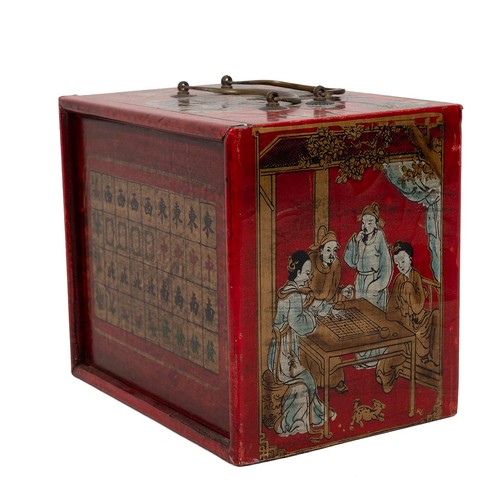 203 - Chinese Ma-jong set in box. Painted red lacquer finish, five drawers containing bone pieces. W 21cm,... 